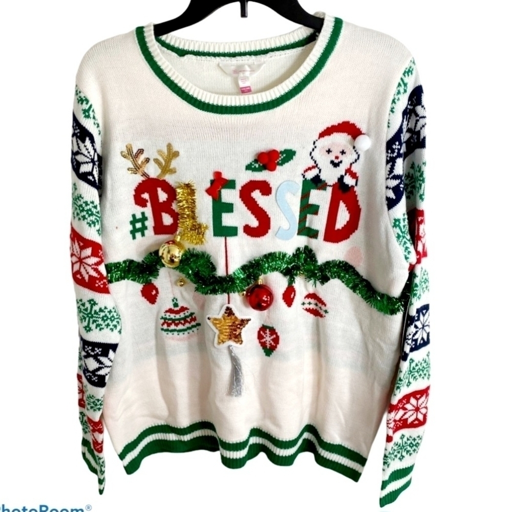 Nobo No Bounderies 3D "Blessed" Ugly Christmas Sweater Women's XL Argyle Sleeves